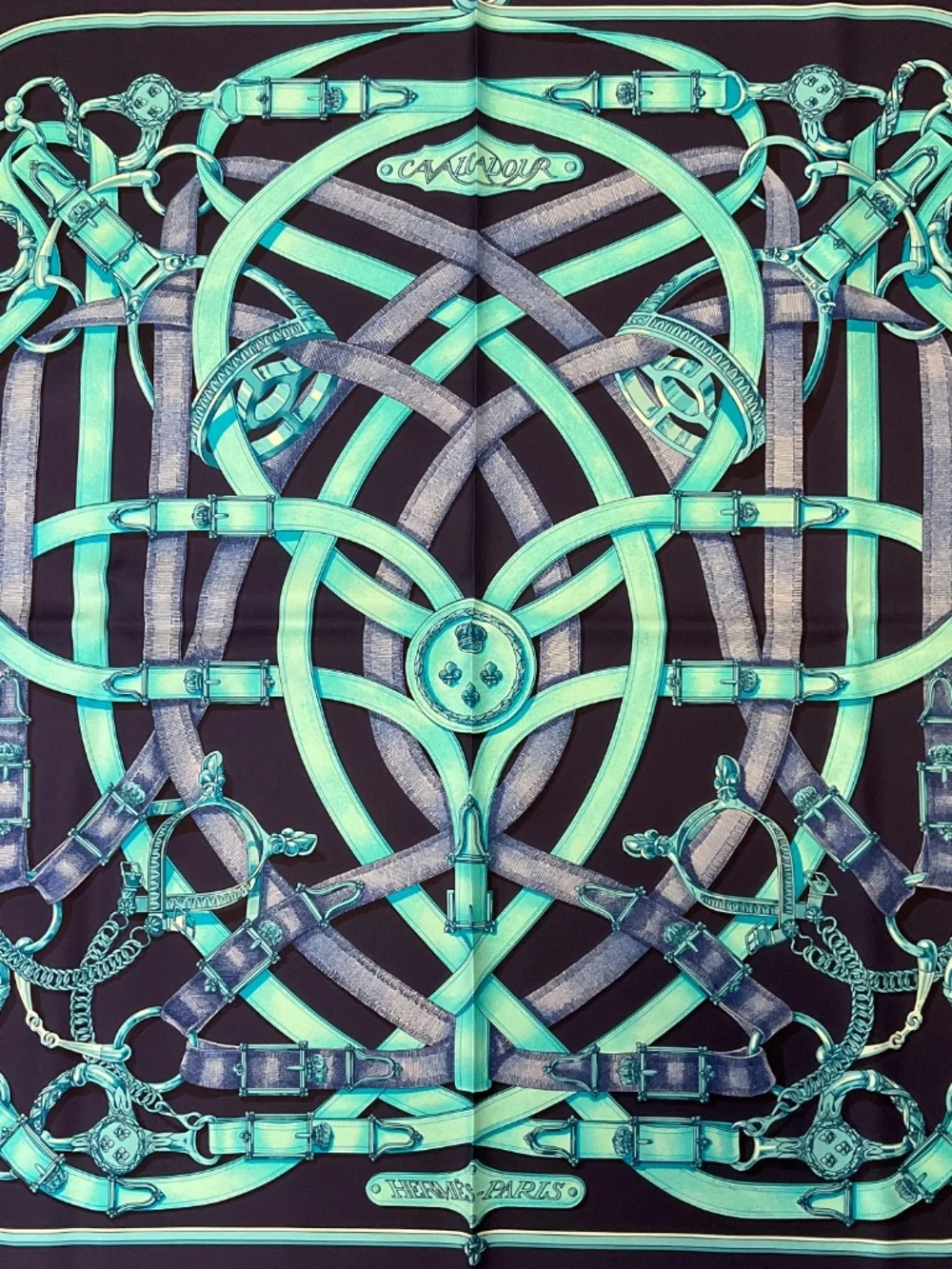 HERMES NAVY BLUE / TURQUOISE CAVALCADOUR PRINT SQUARE SILK TWILL SCARF